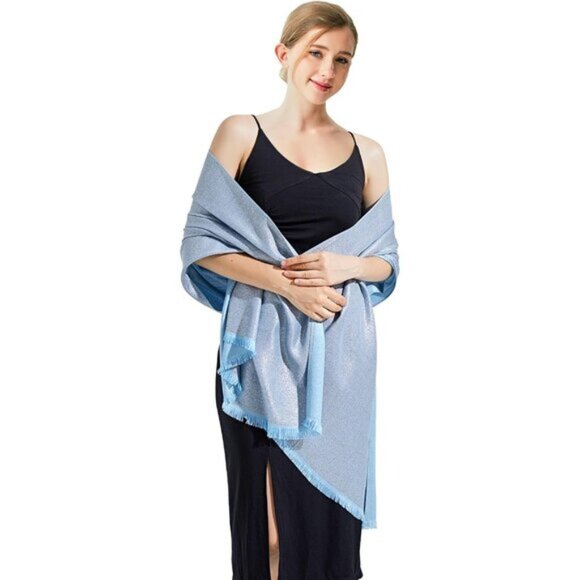 Pashmina Shawl Wraps Scarf Formal - Light Blue & Silver - Picture 2 of 6